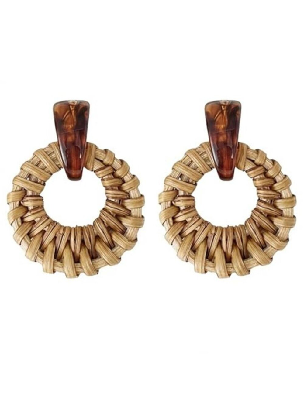 2 Pcs Rattan Earrings, Dark Brown Vintage Bamboo Grass Woven Round Drop Dangle